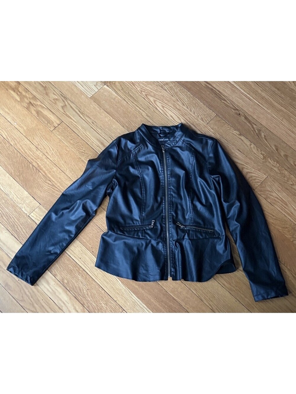 Black Faux Leather Women's Jacket, Zip Closure, Long Sleeve, Pockets